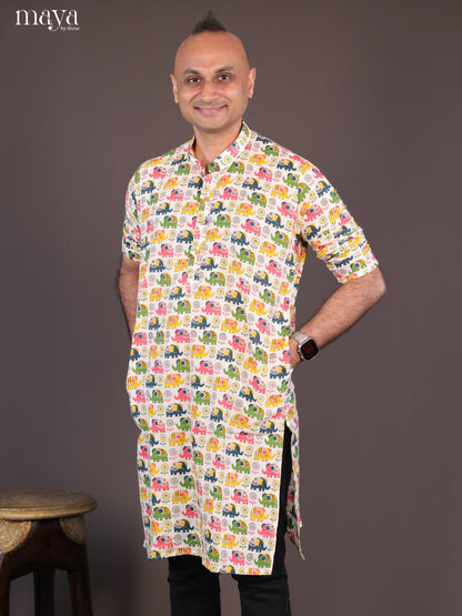 Cream Cotton Elephant Printed Short Men Kurta