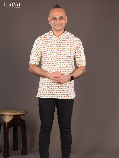 Cream Cotton Block Printed Short Men Kurta - Shop on Shrus.com