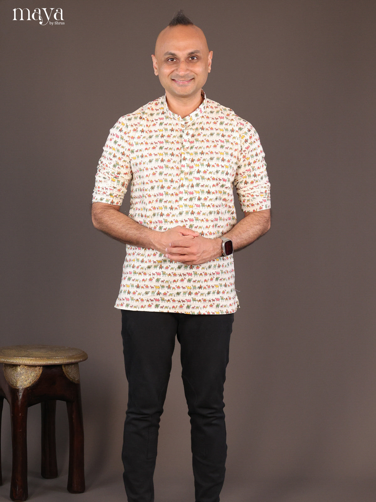 Cream Cotton Block Printed Short Men Kurta