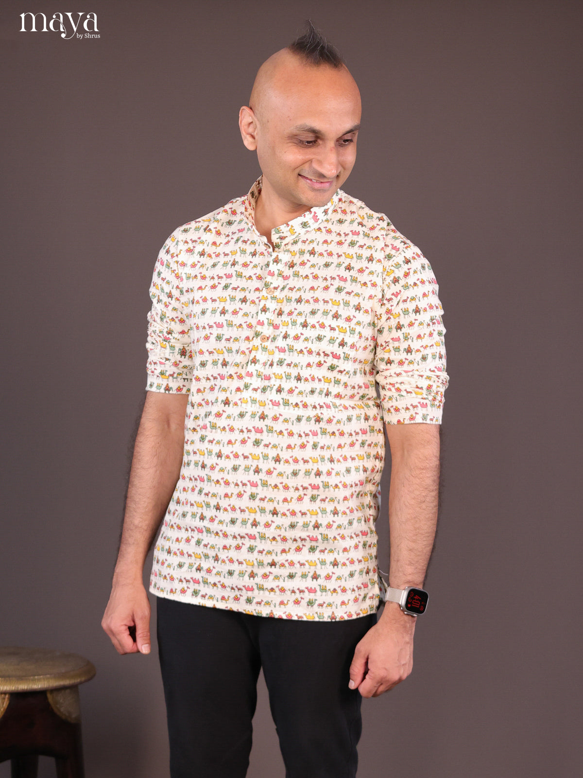 Cream Cotton Block Printed Short Men Kurta