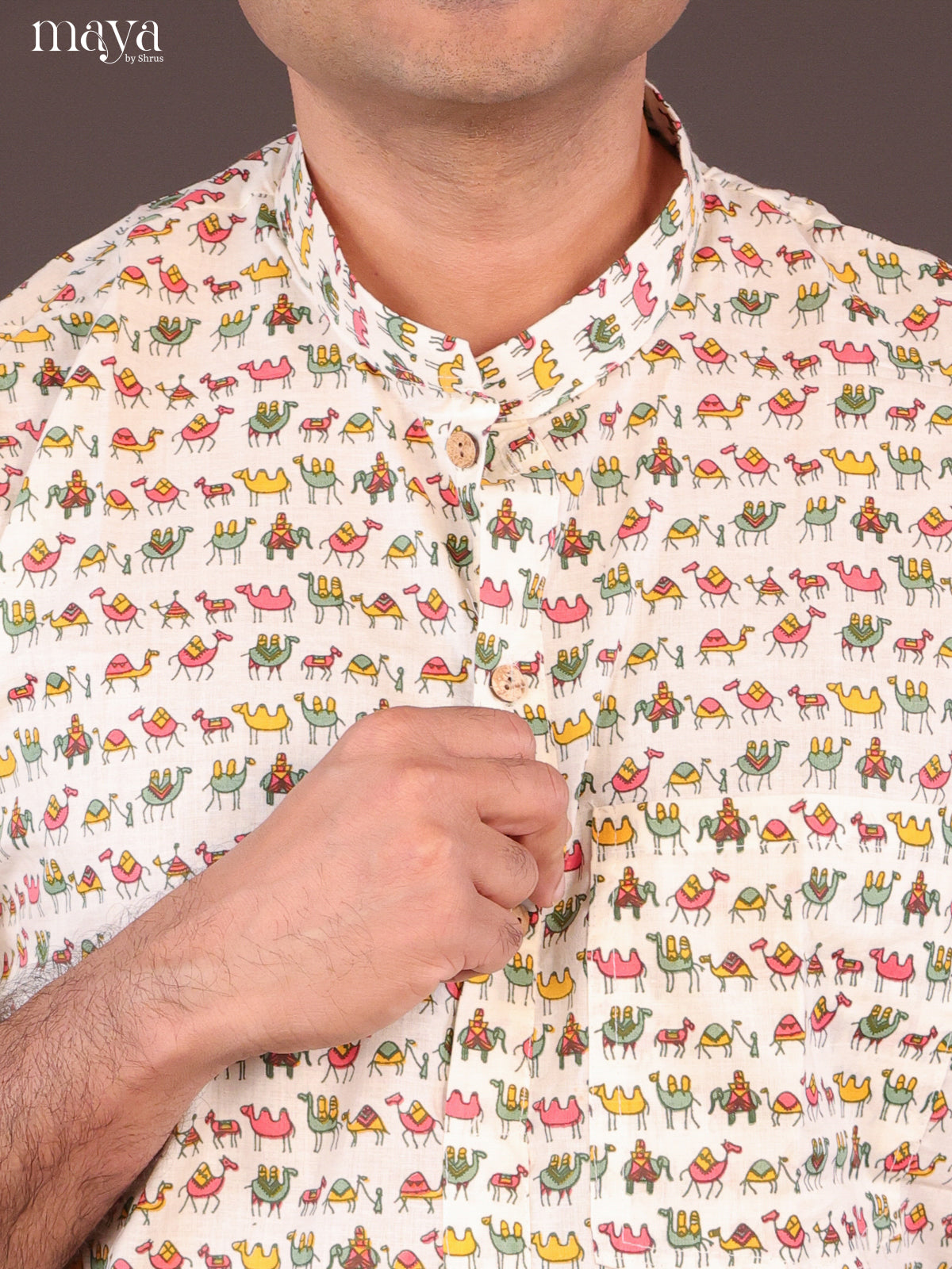 Cream Cotton Block Printed Short Men Kurta