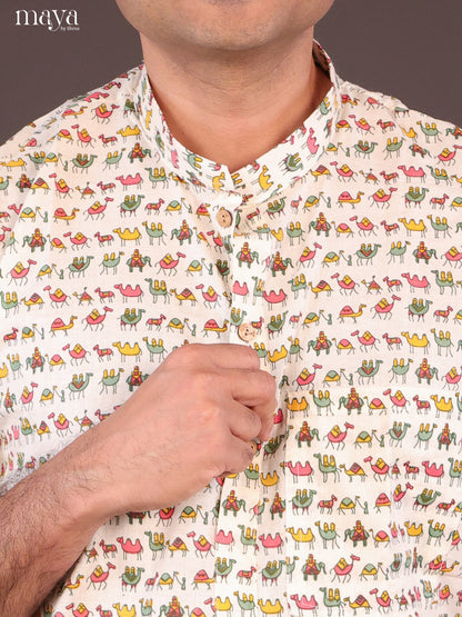 Cream Cotton Block Printed Short Men Kurta