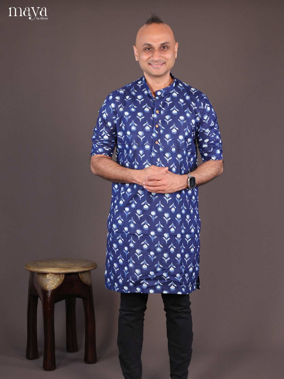 Blue Cotton Abstract Printed Long Men Kurta