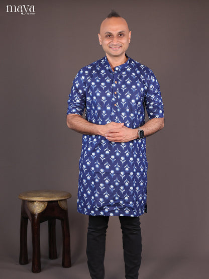 Blue Cotton Abstract Printed Long Men Kurta