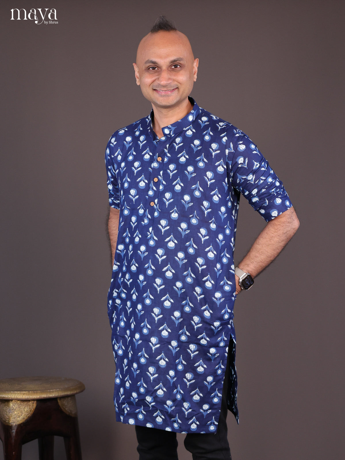 Blue Cotton Abstract Printed Long Men Kurta