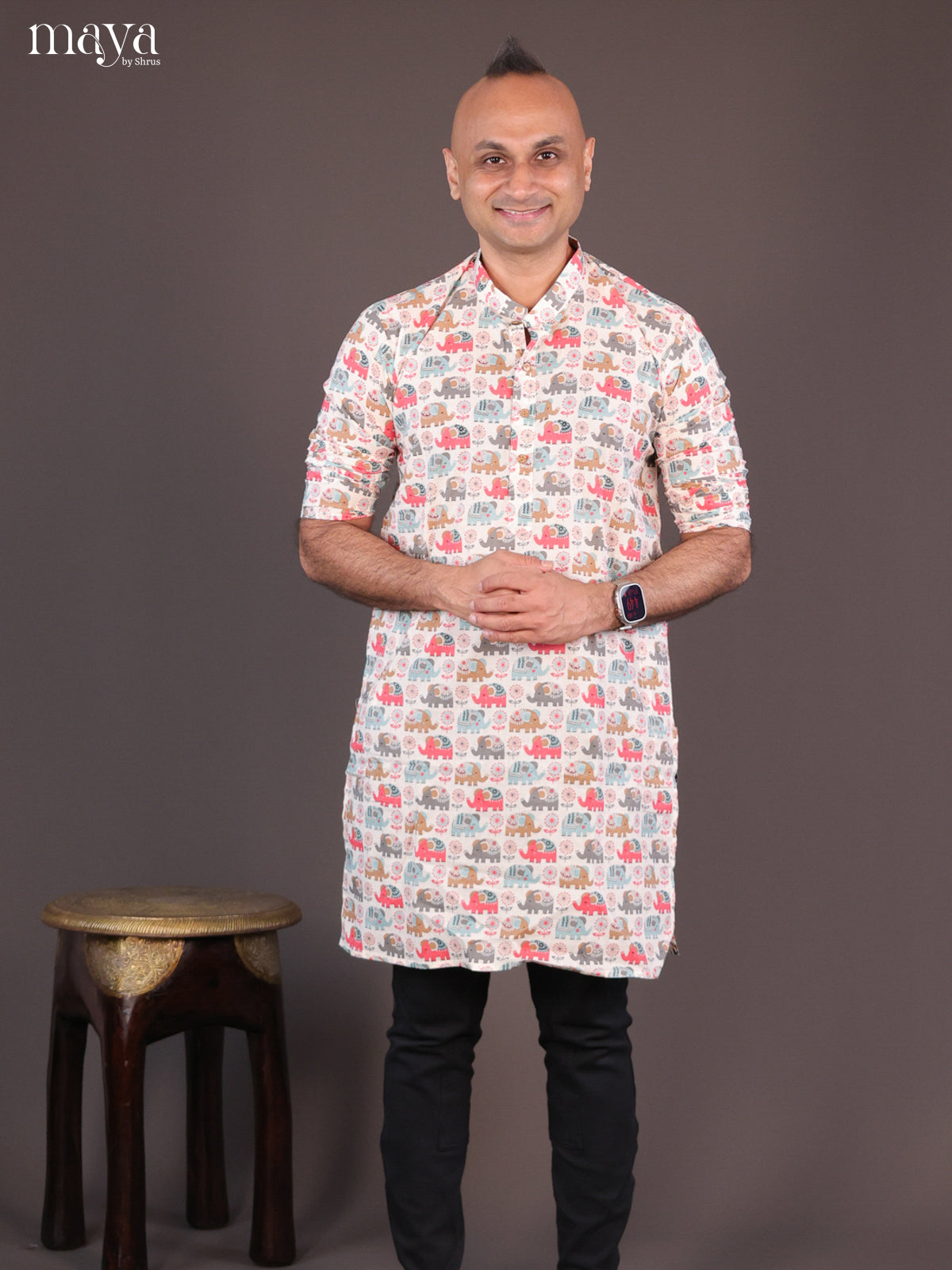 Cream Cotton Elephant Printed Long Men Kurta