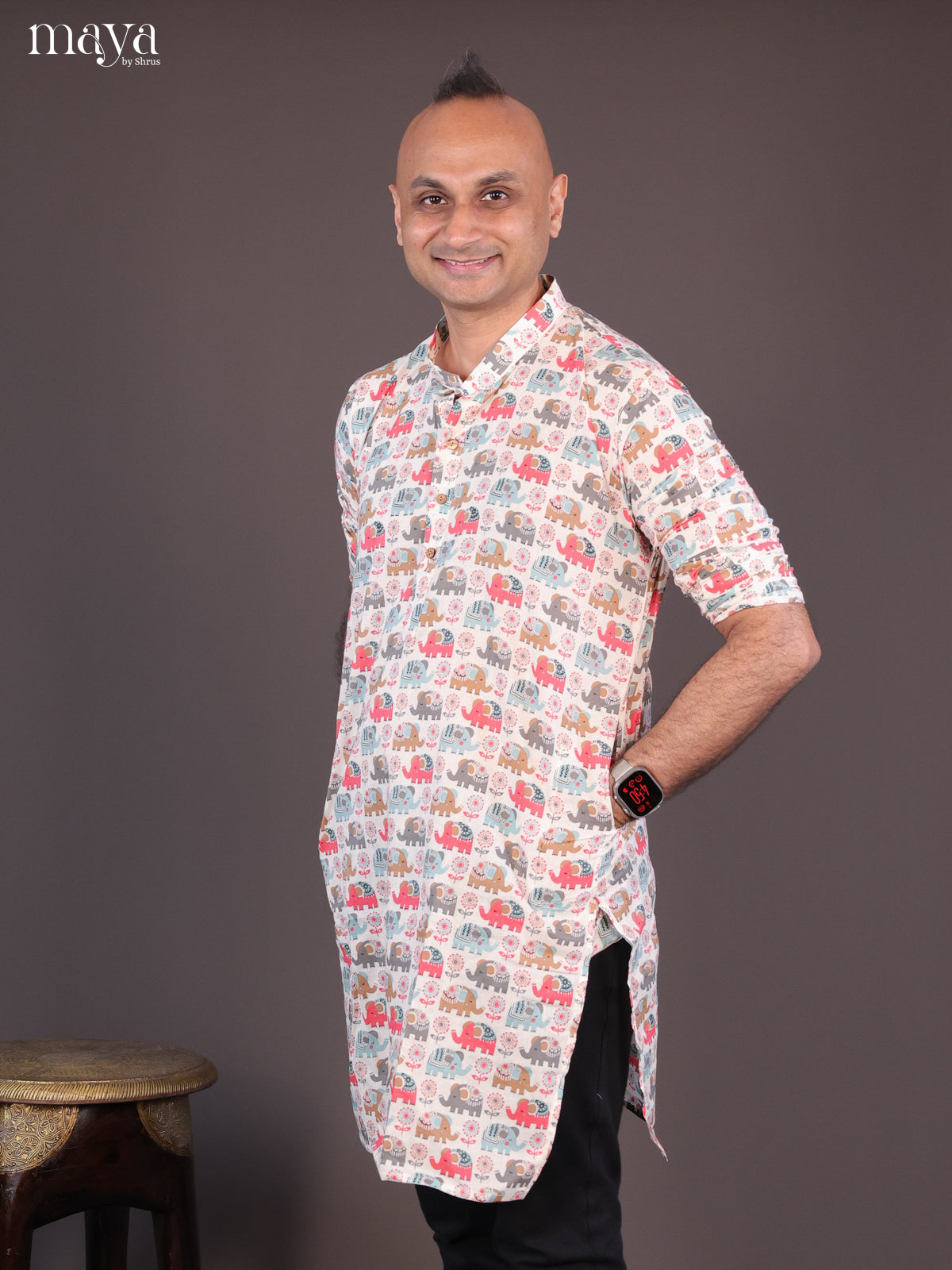 Cream Cotton Elephant Printed Long Men Kurta