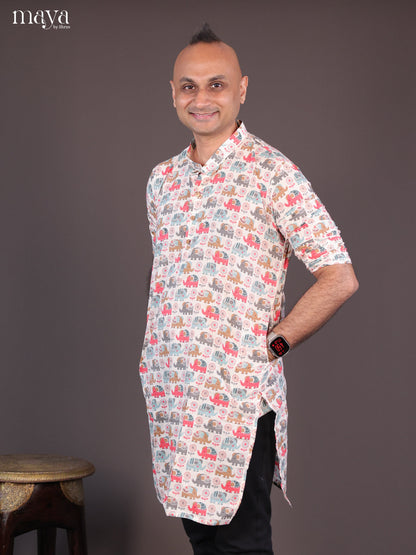 Cream Cotton Elephant Printed Long Men Kurta