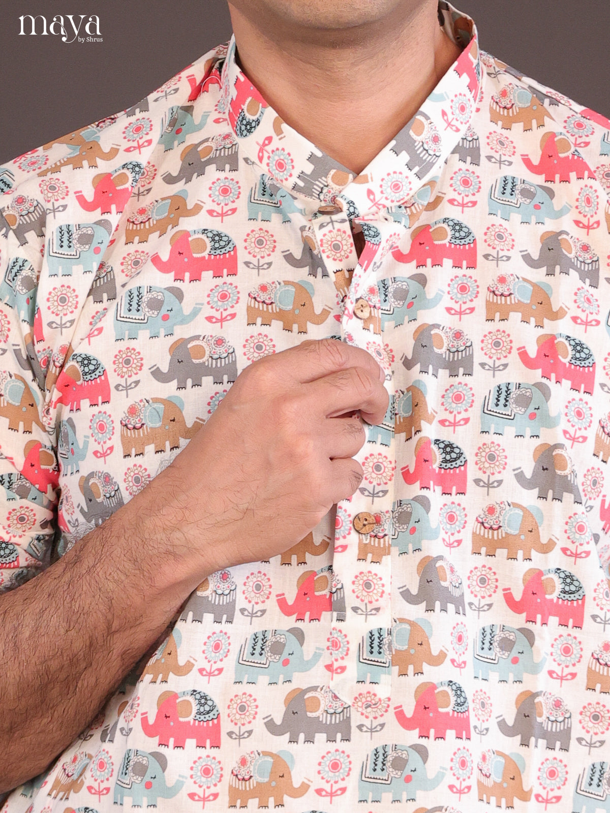 Cream Cotton Elephant Printed Long Men Kurta