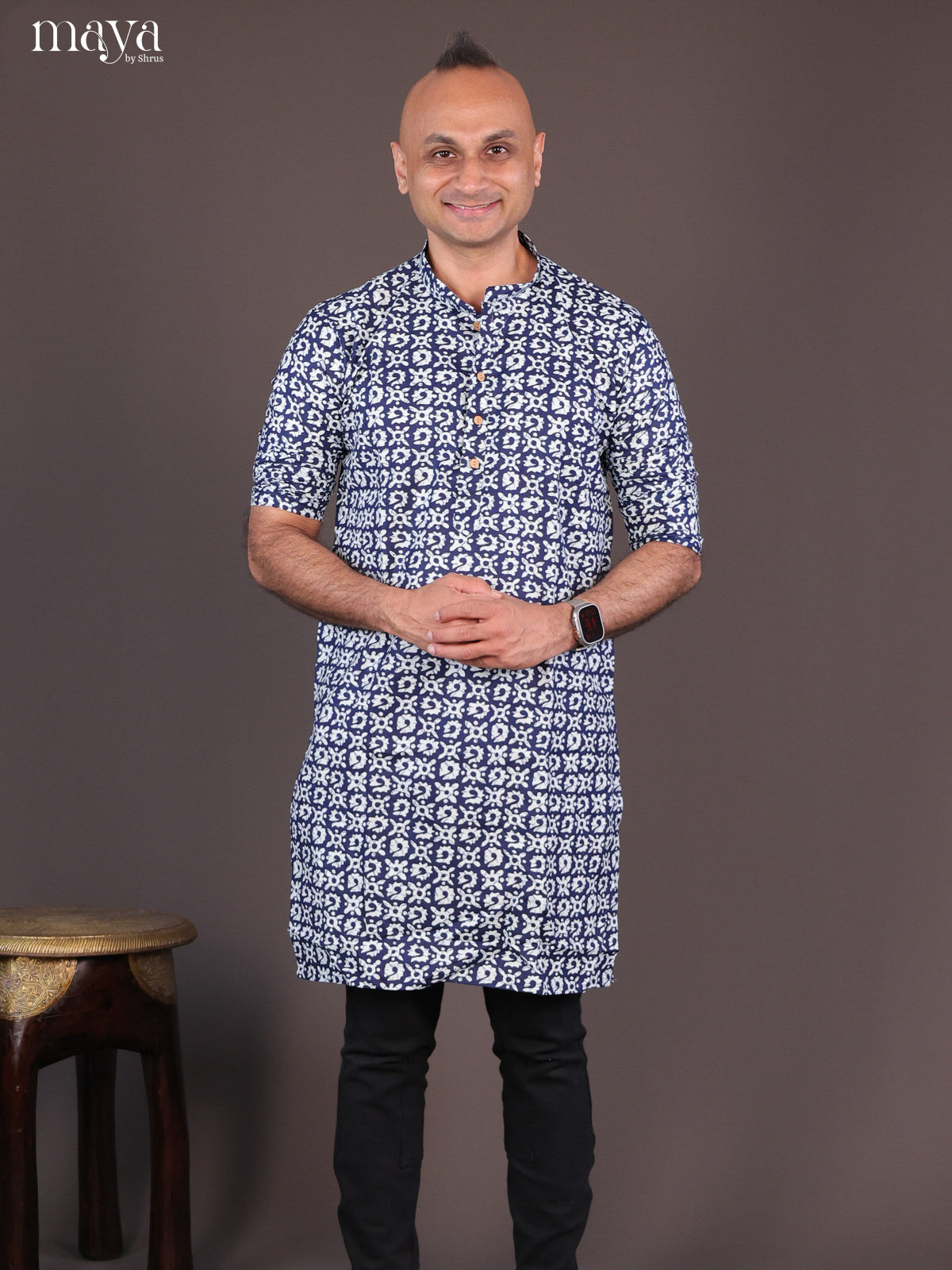 Blue Cotton Floral Printed Long Men Kurta