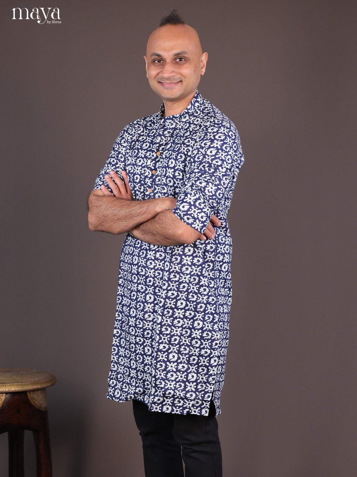 Blue Cotton Floral Printed Long Men Kurta