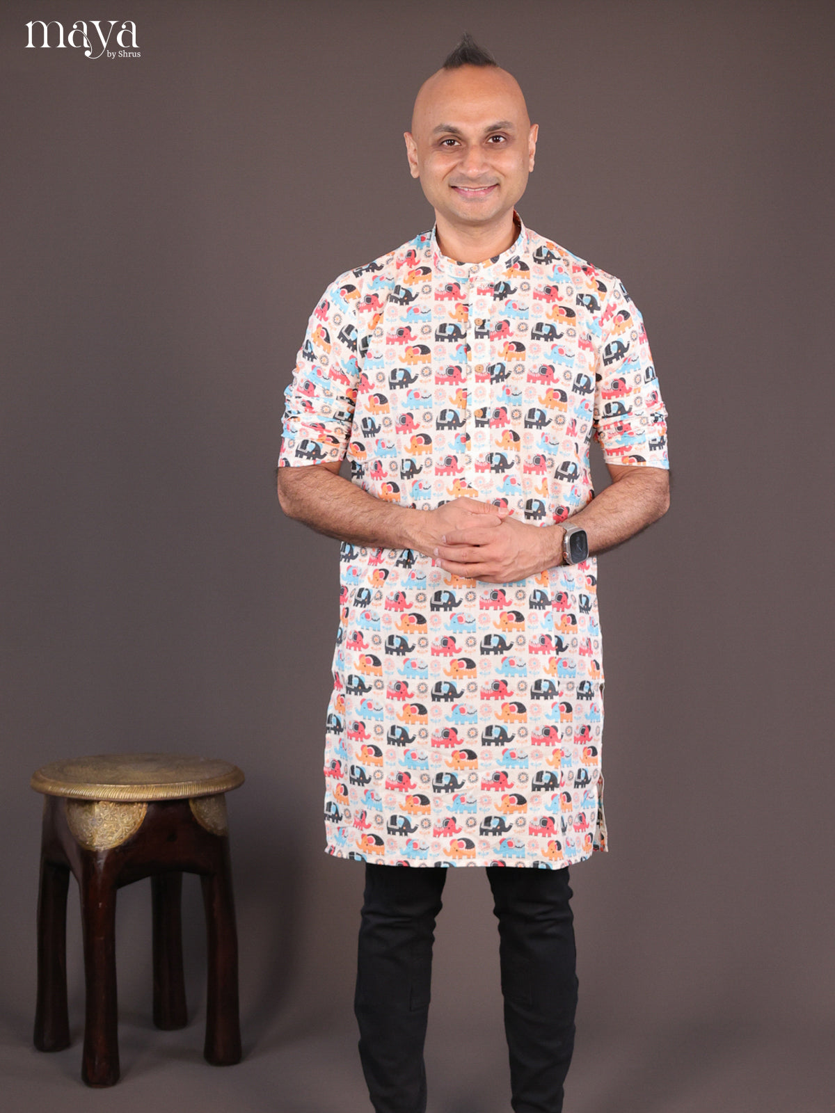Cream Cotton Elephant Printed Short Men Kurta