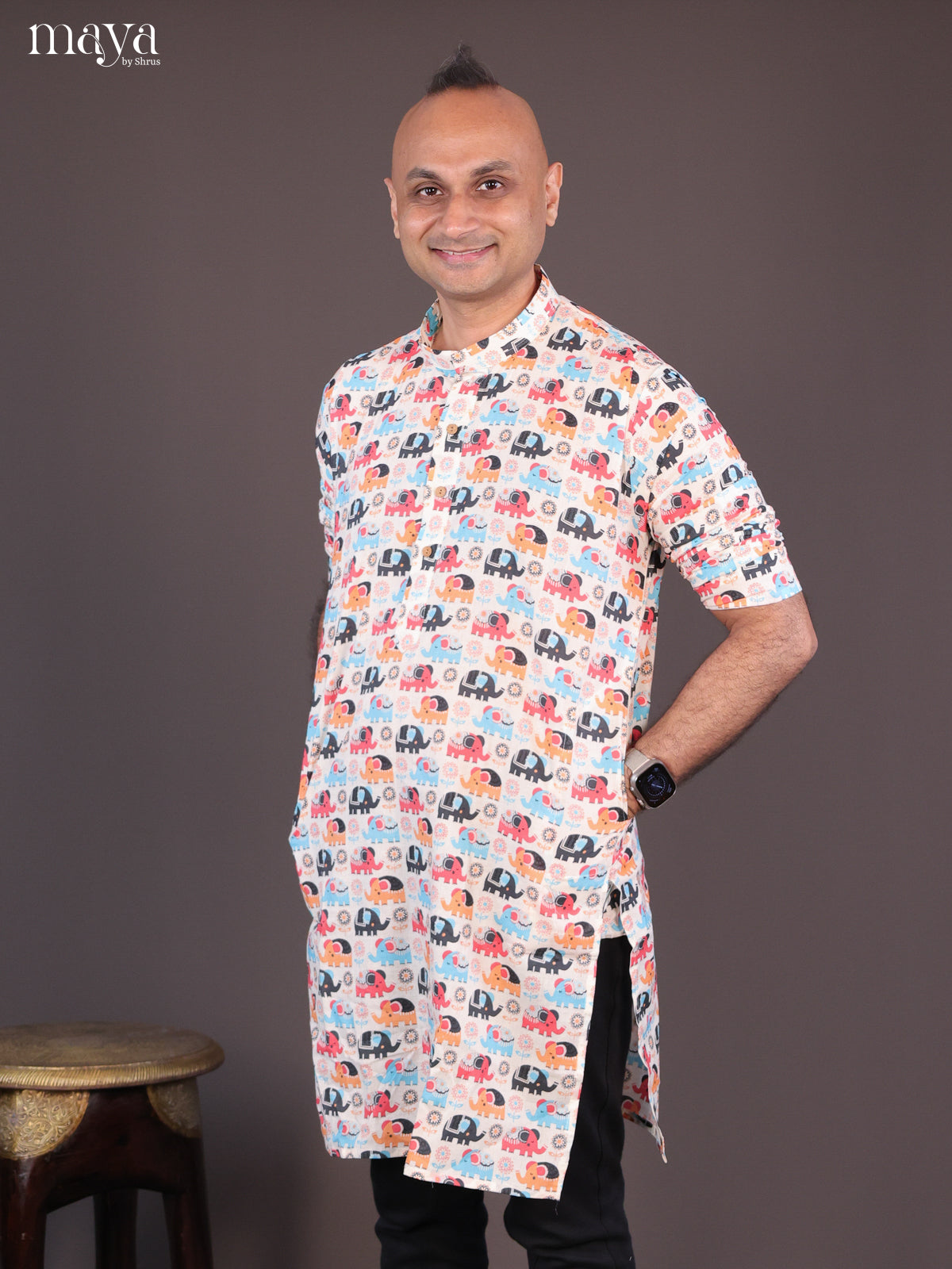 Cream Cotton Elephant Printed Short Men Kurta
