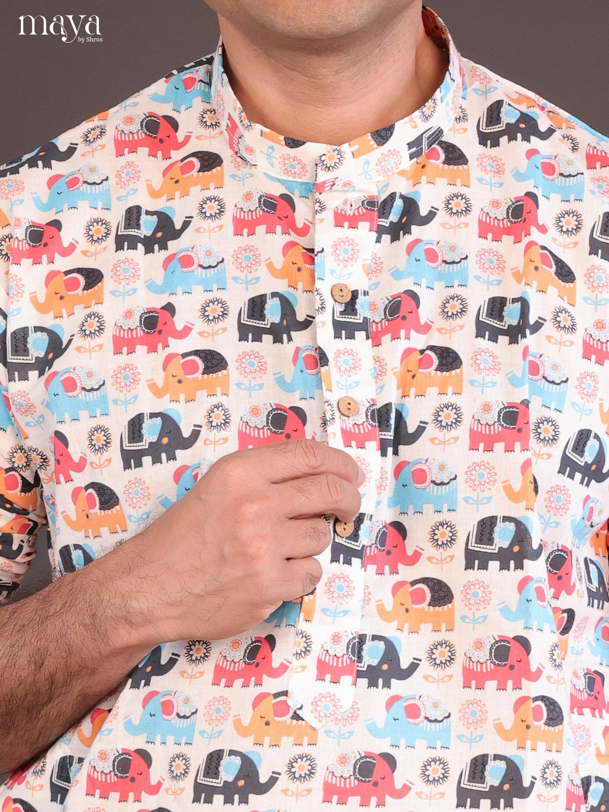 Cream Cotton Elephant Printed Short Men Kurta