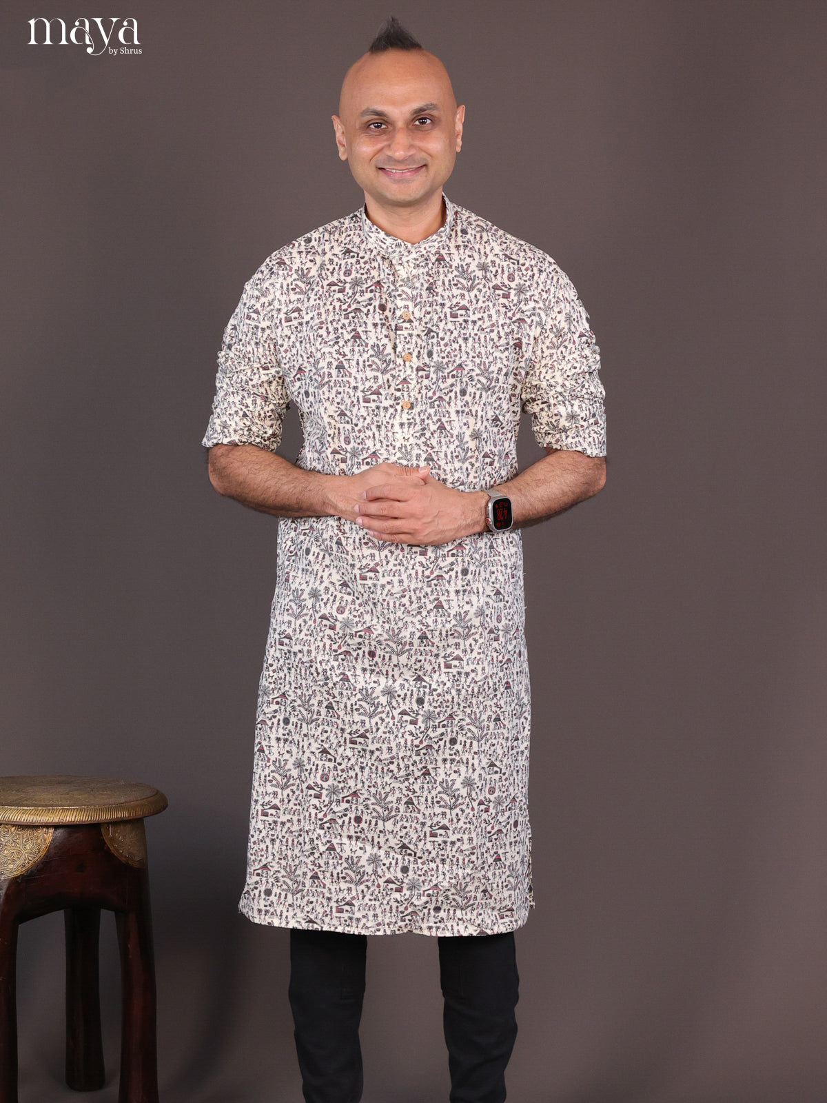 Cream Cotton Warli Printed Long Men Kurta
