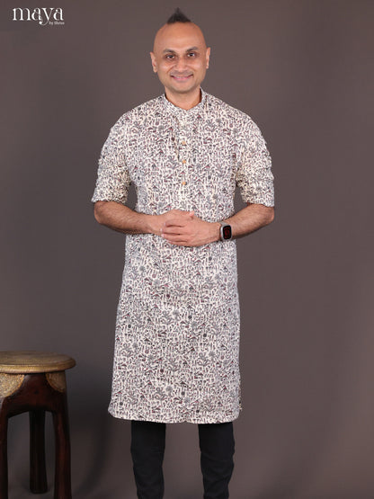 Cream Cotton Warli Printed Long Men Kurta