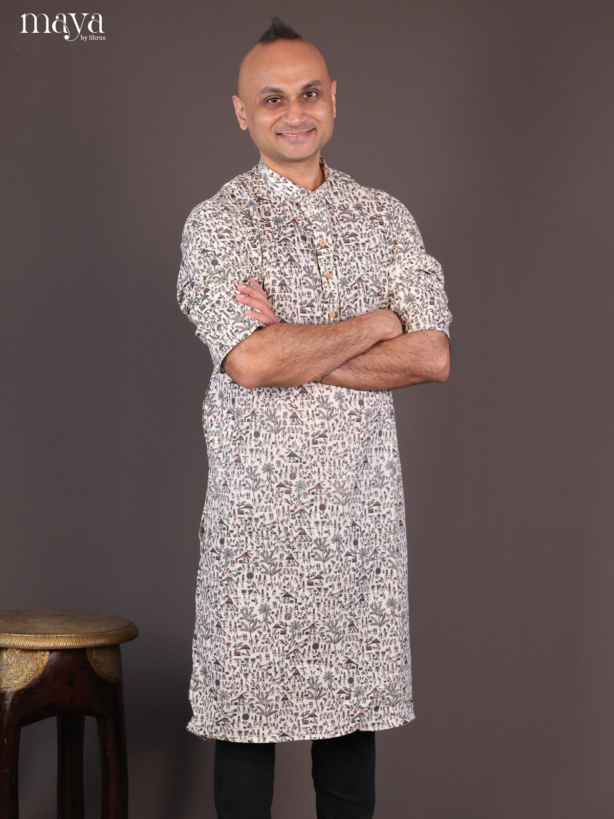 Cream Cotton Warli Printed Long Men Kurta