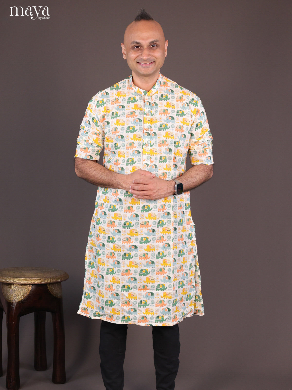 Cream Cotton Elephant Printed Long Men Kurta