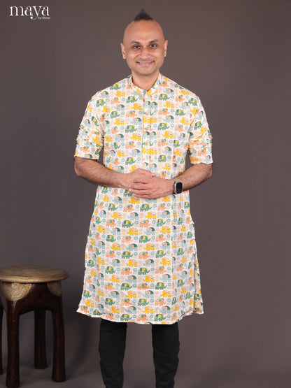 Cream Cotton Elephant Printed Long Men Kurta