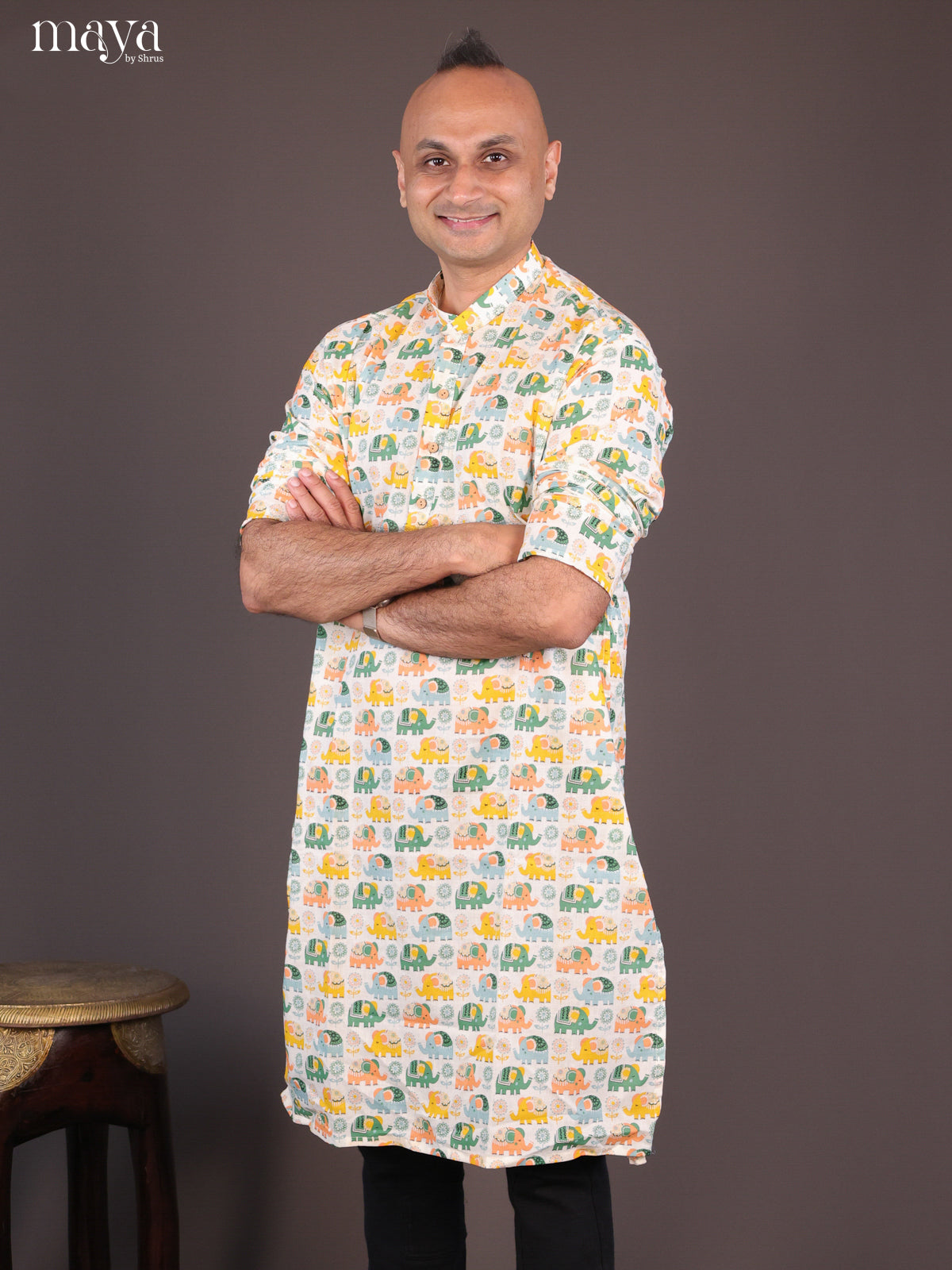 Cream Cotton Elephant Printed Long Men Kurta