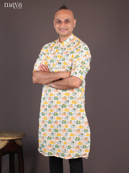 Cream Cotton Elephant Printed Long Men Kurta