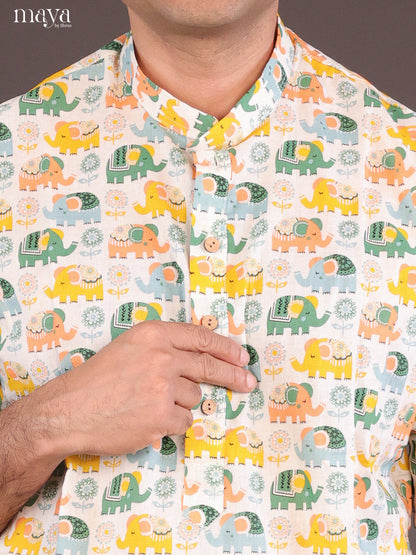 Cream Cotton Elephant Printed Long Men Kurta