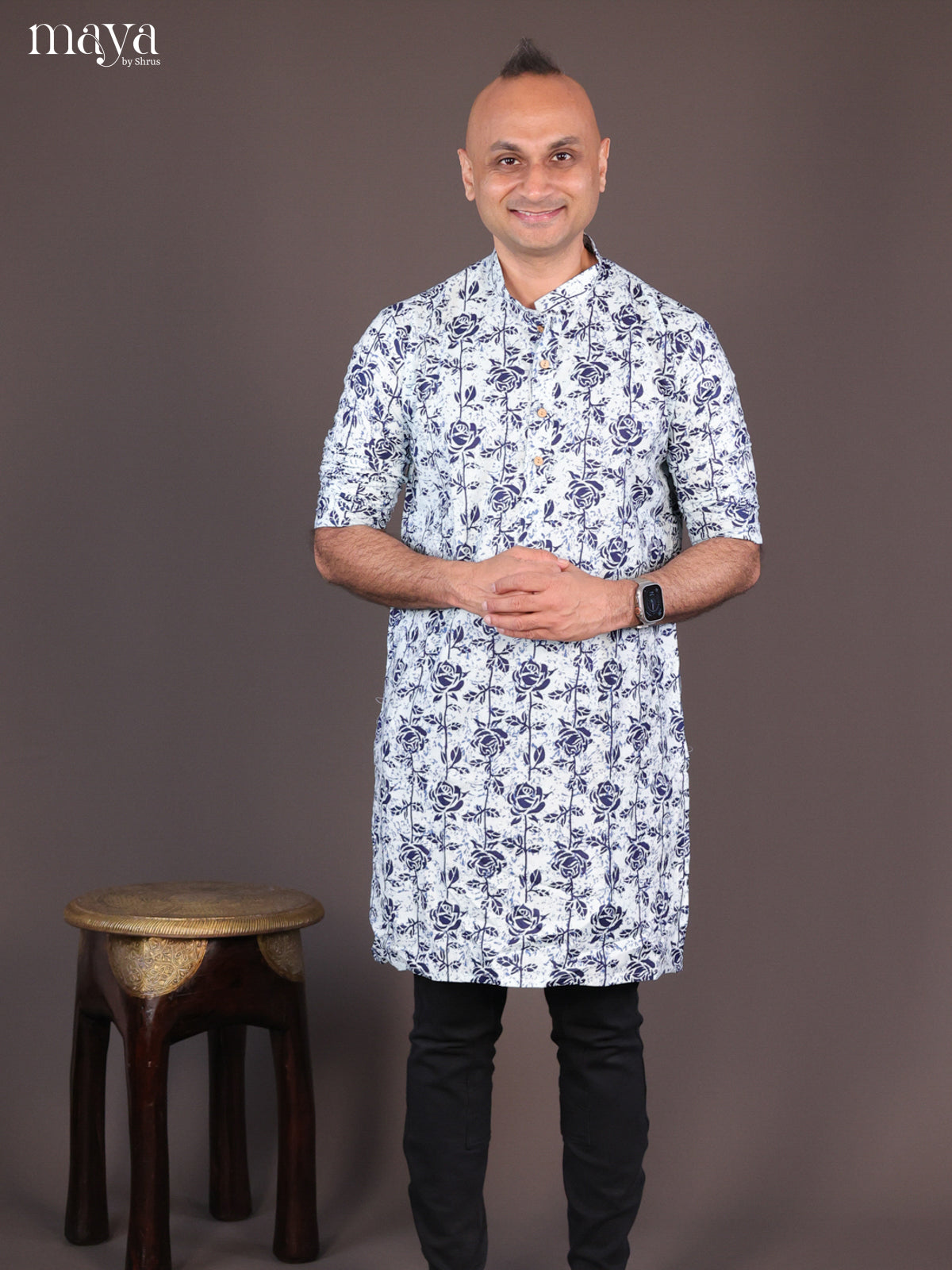 Blue Cotton Block Printed Long Men Kurta