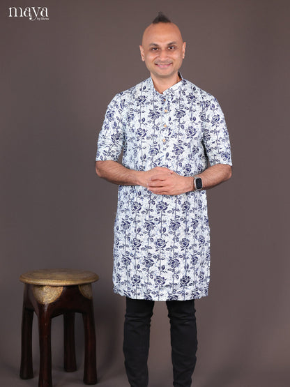 Blue Cotton Block Printed Long Men Kurta