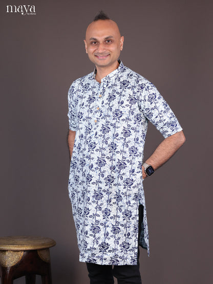 Blue Cotton Block Printed Long Men Kurta