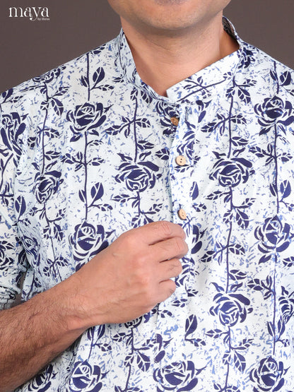 Blue Cotton Block Printed Long Men Kurta
