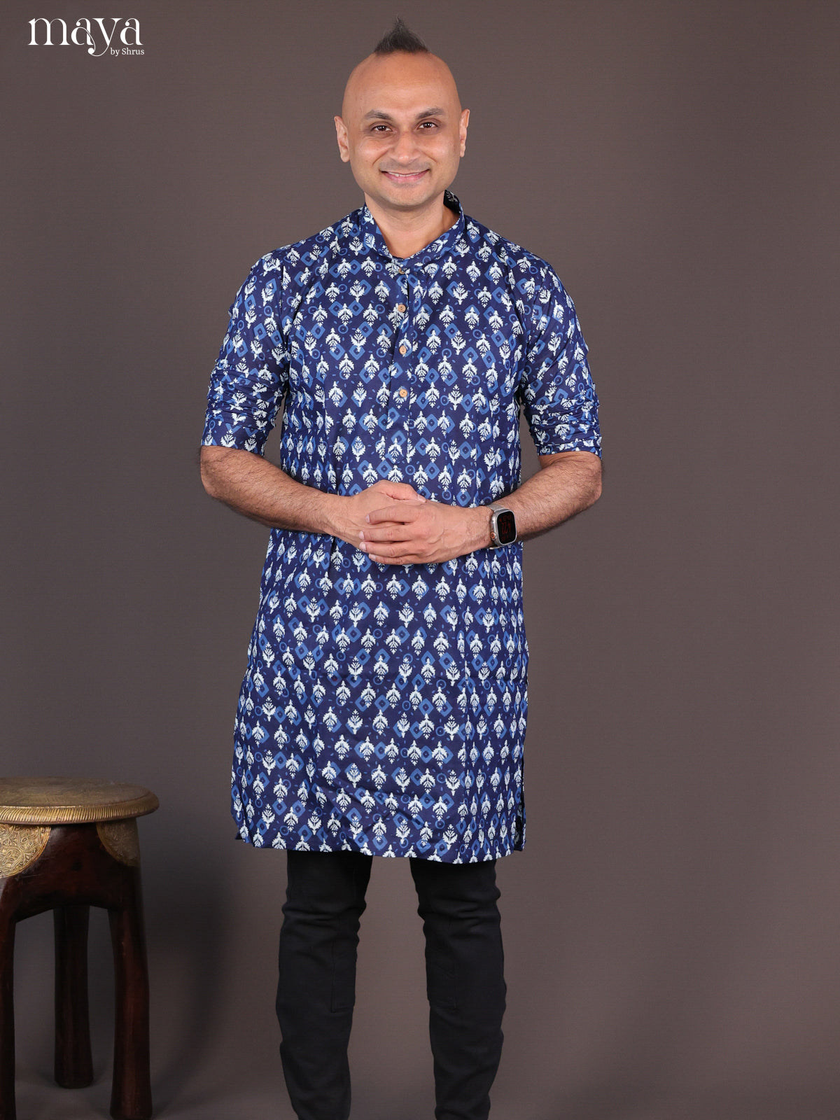 Blue Cotton Block Printed Long Men Kurta