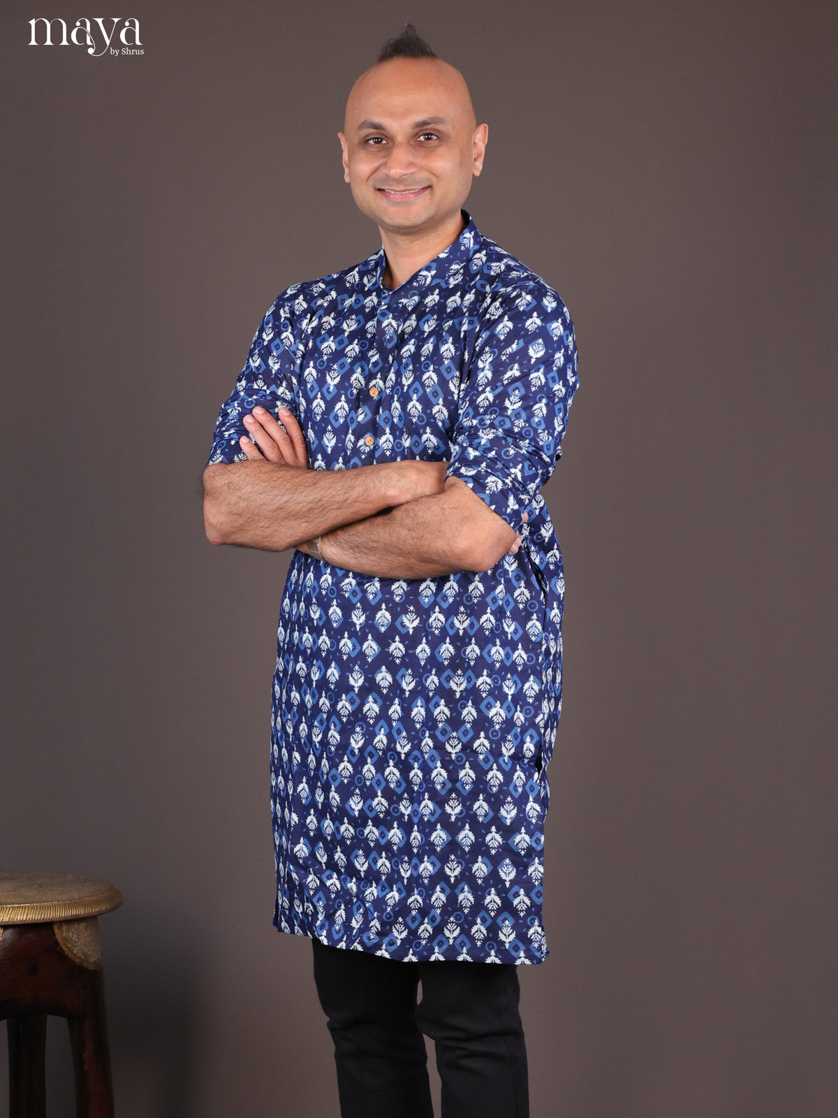 Blue Cotton Block Printed Long Men Kurta