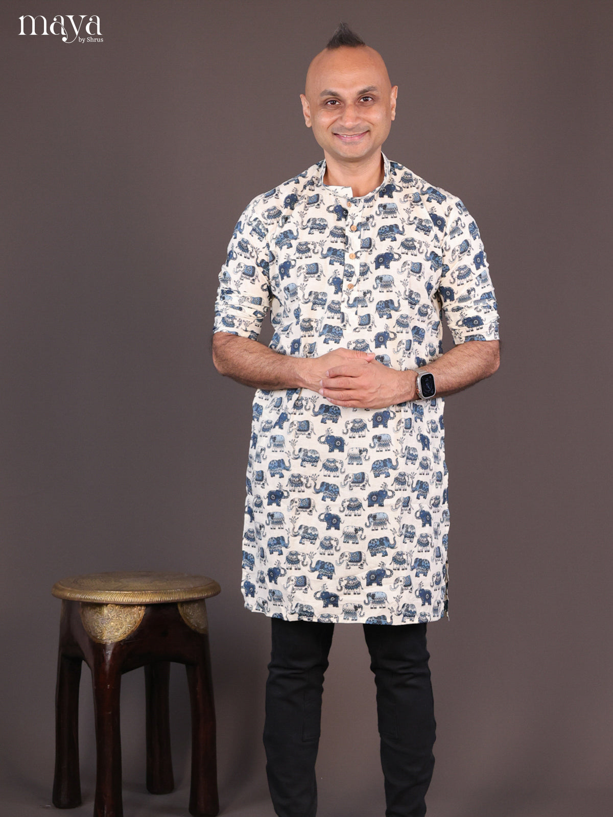 Cream Cotton Elephant Printed Long Men Kurta