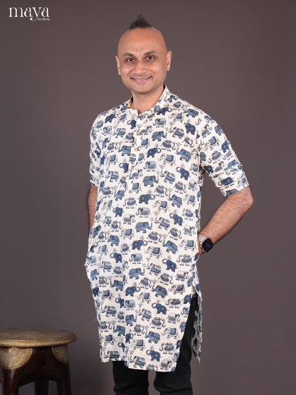Cream Cotton Elephant Printed Long Men Kurta