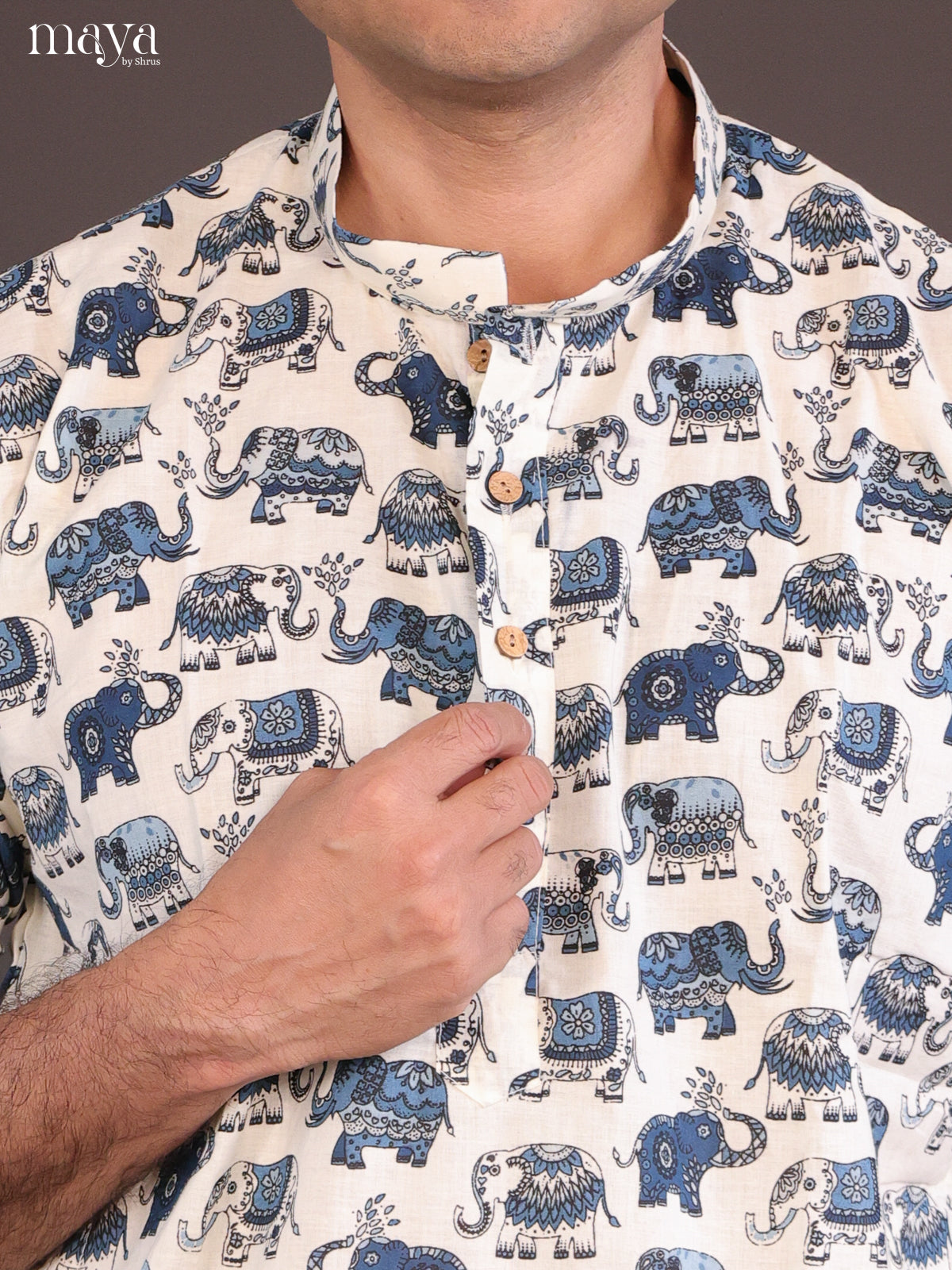 Cream Cotton Elephant Printed Long Men Kurta