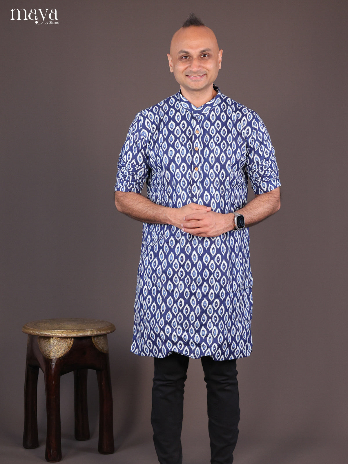 Blue Cotton Block Printed Long Men Kurta