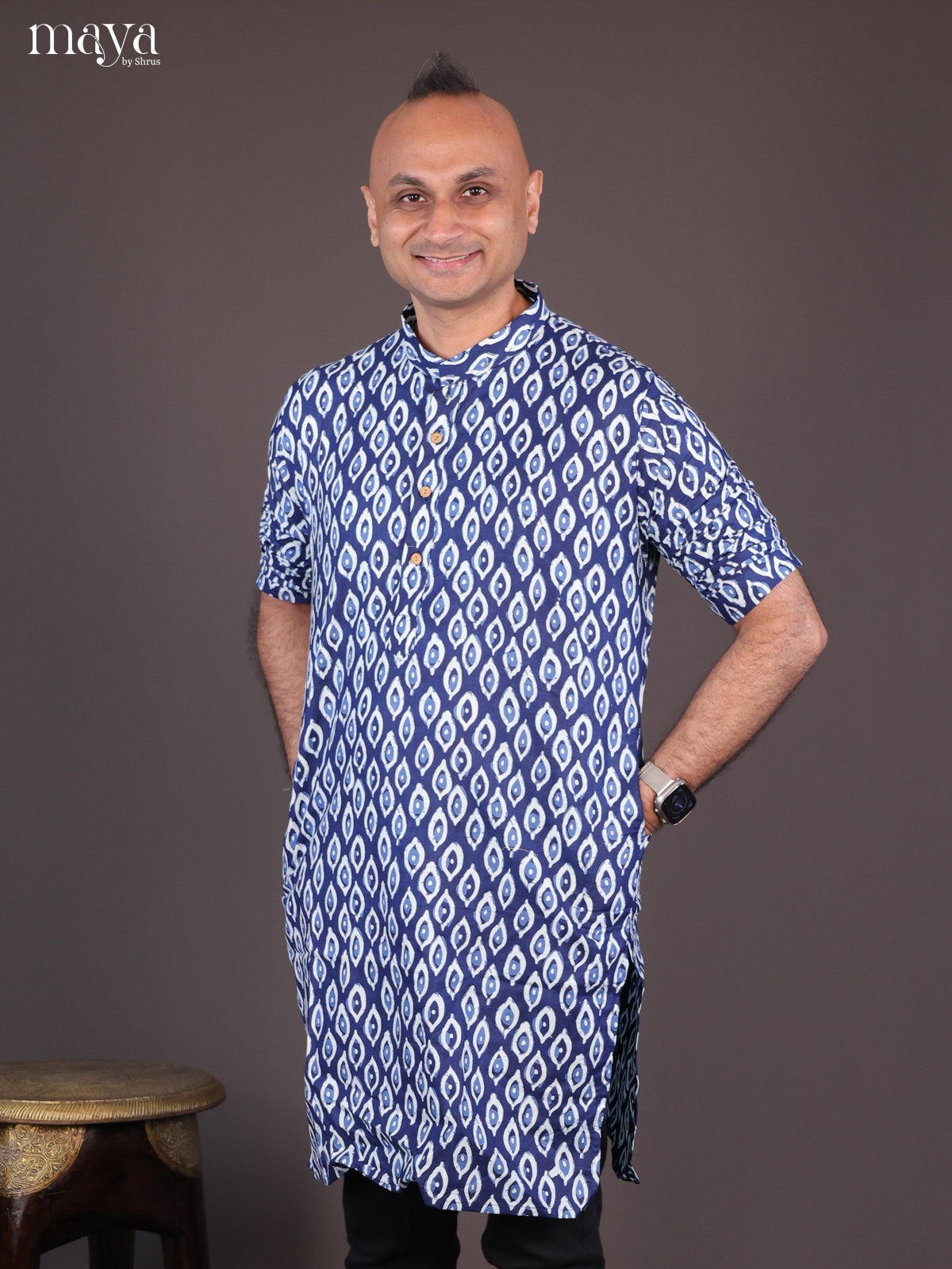 Blue Cotton Block Printed Long Men Kurta