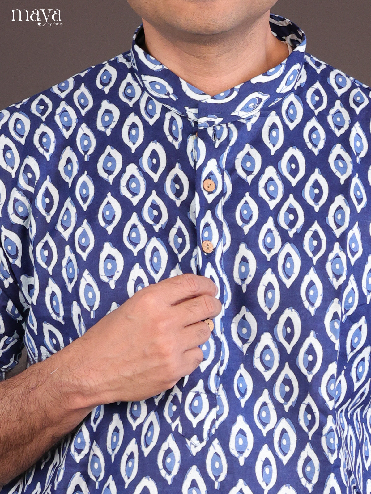 Blue Cotton Block Printed Long Men Kurta