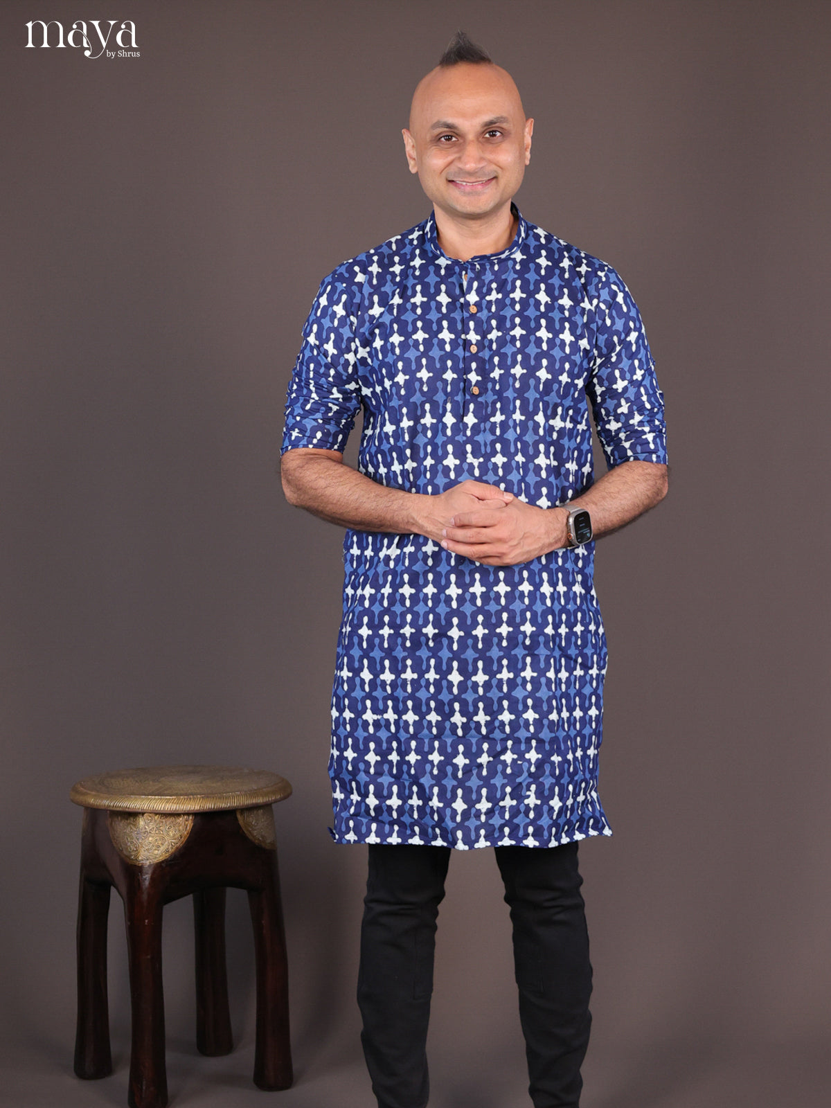 Blue Cotton Bagru Printed Long Men Kurta