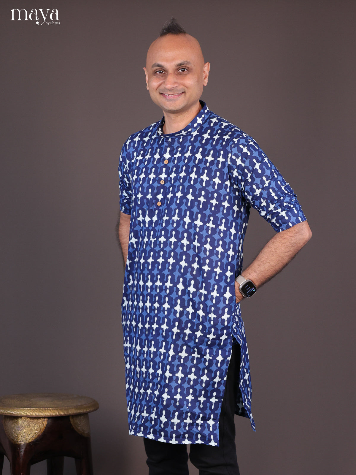 Blue Cotton Bagru Printed Long Men Kurta