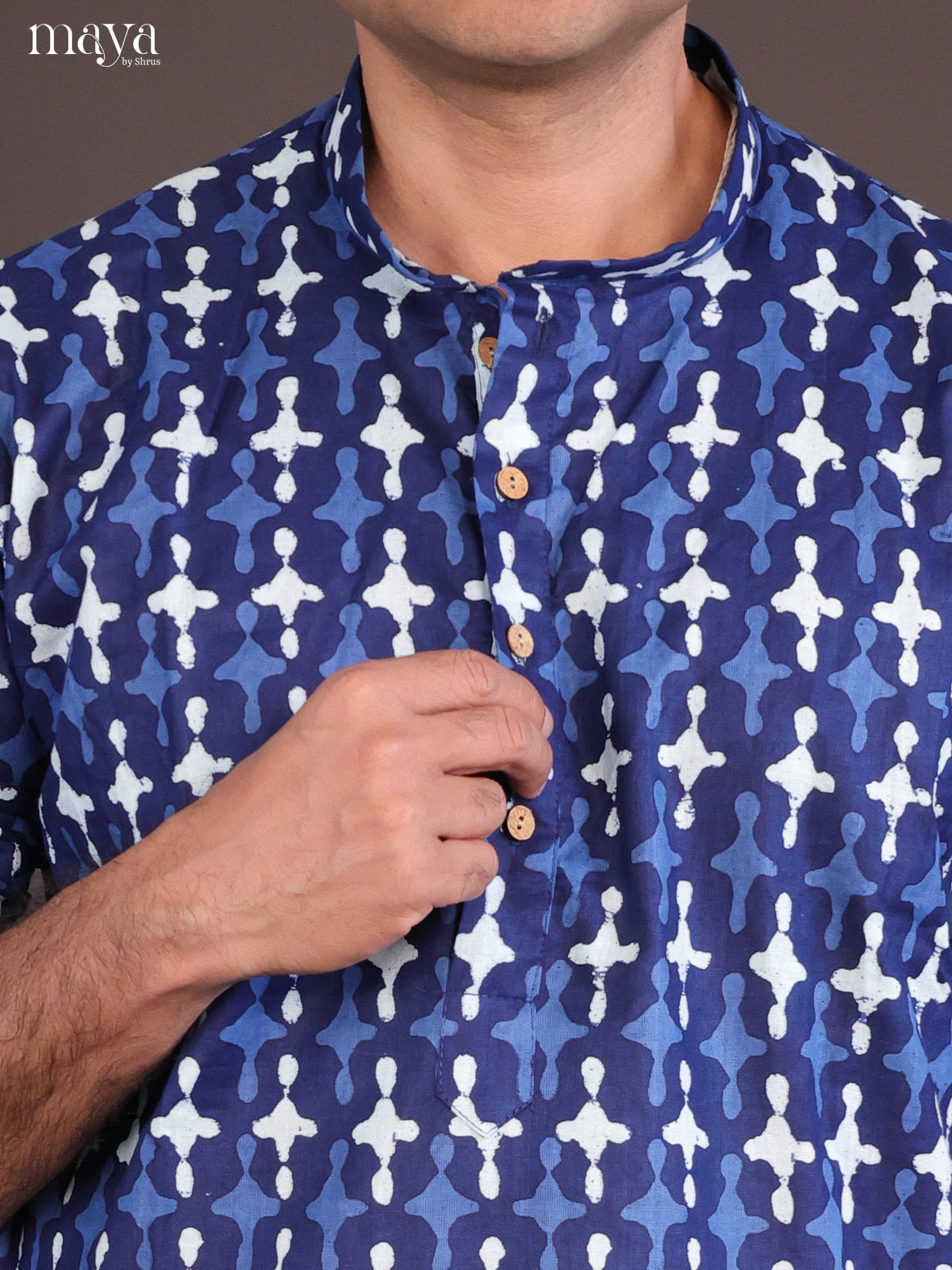 Blue Cotton Bagru Printed Long Men Kurta
