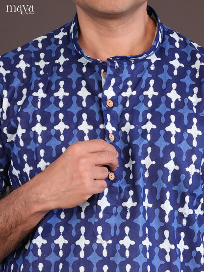 Blue Cotton Bagru Printed Long Men Kurta