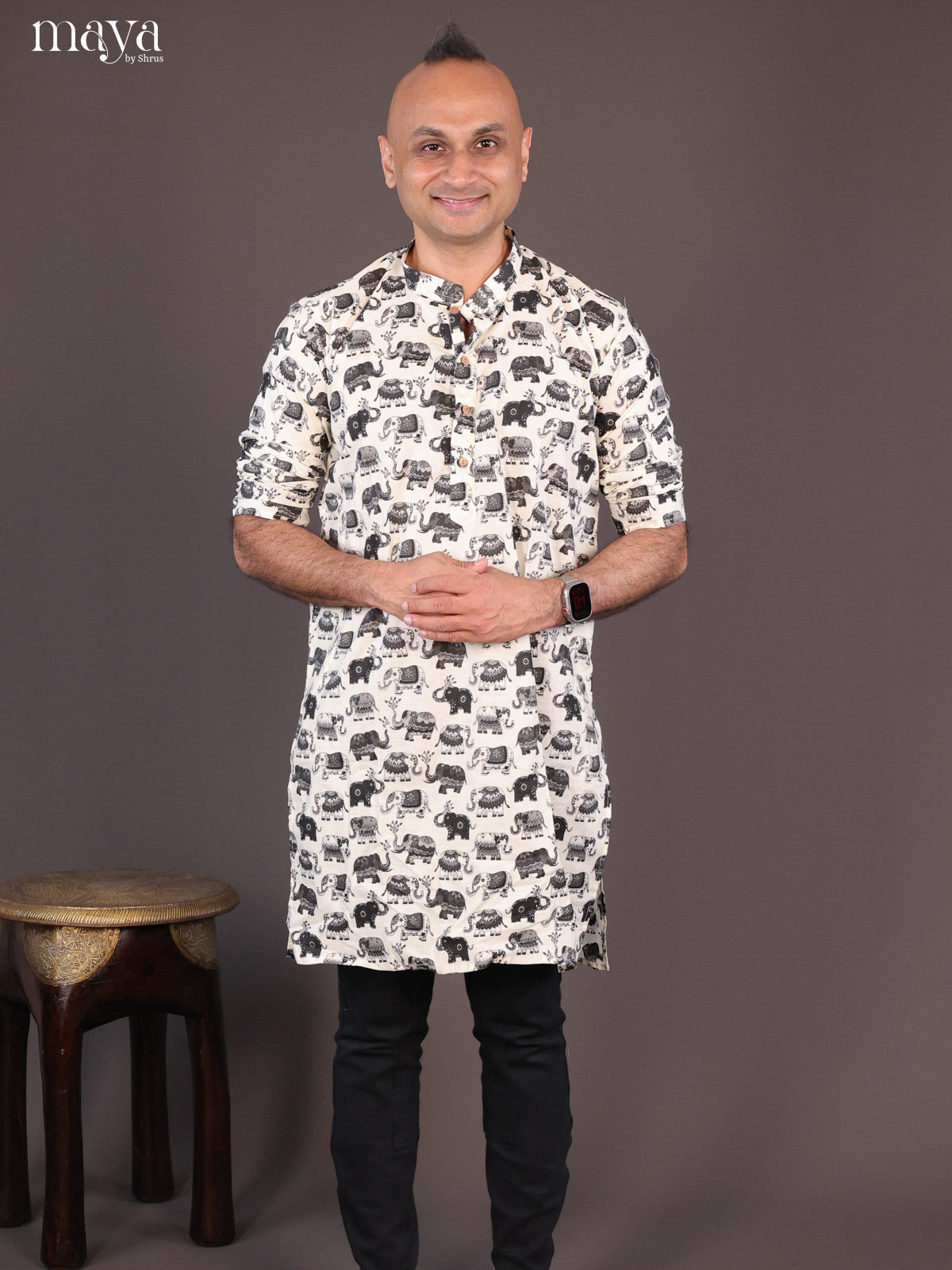 Cream Cotton Elephant Printed Long Men Kurta