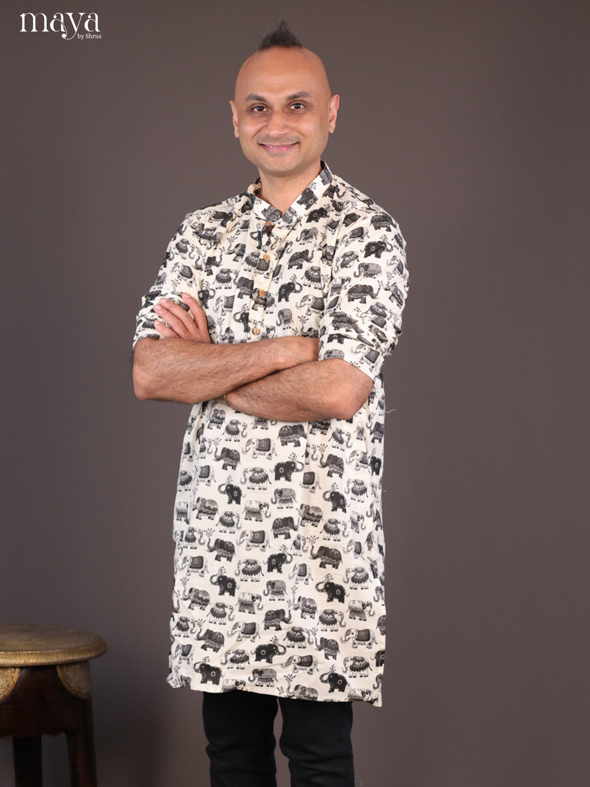 Cream Cotton Elephant Printed Long Men Kurta