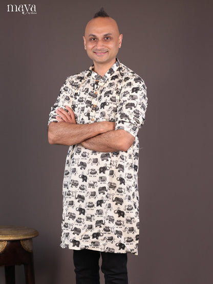 Cream Cotton Elephant Printed Long Men Kurta