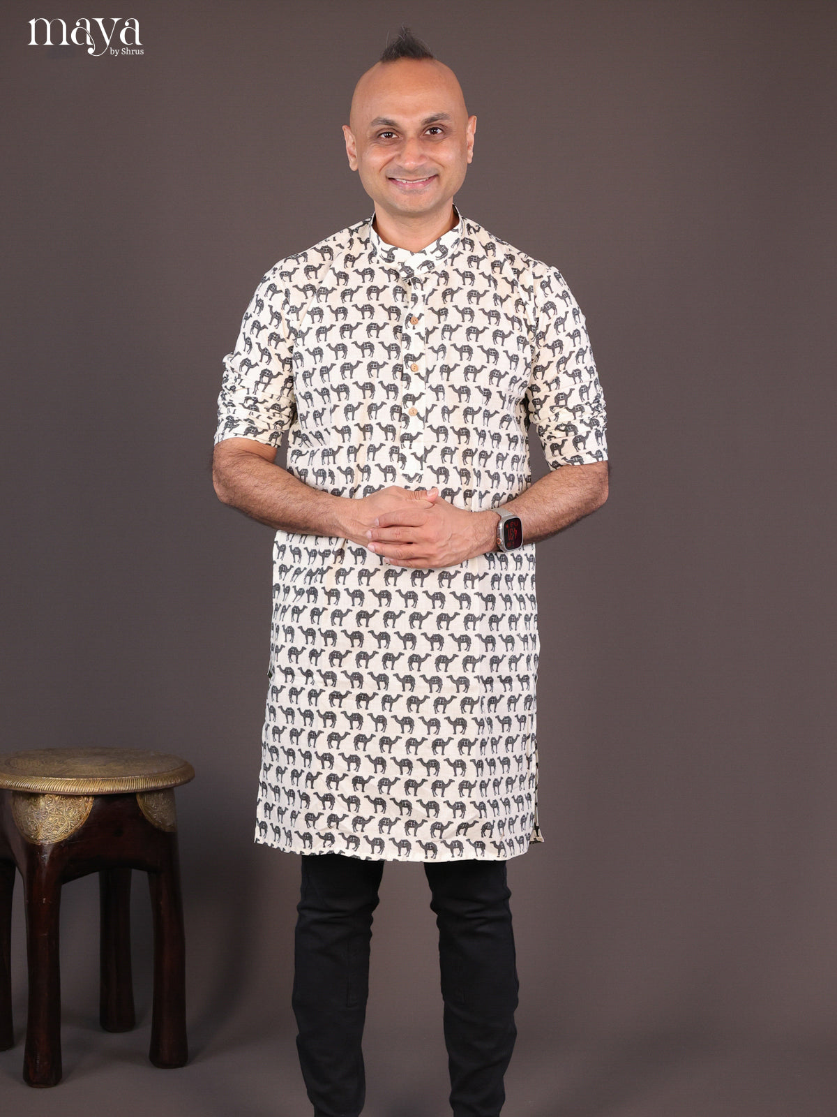 Cream Cotton Camel Printed Long Men Kurta