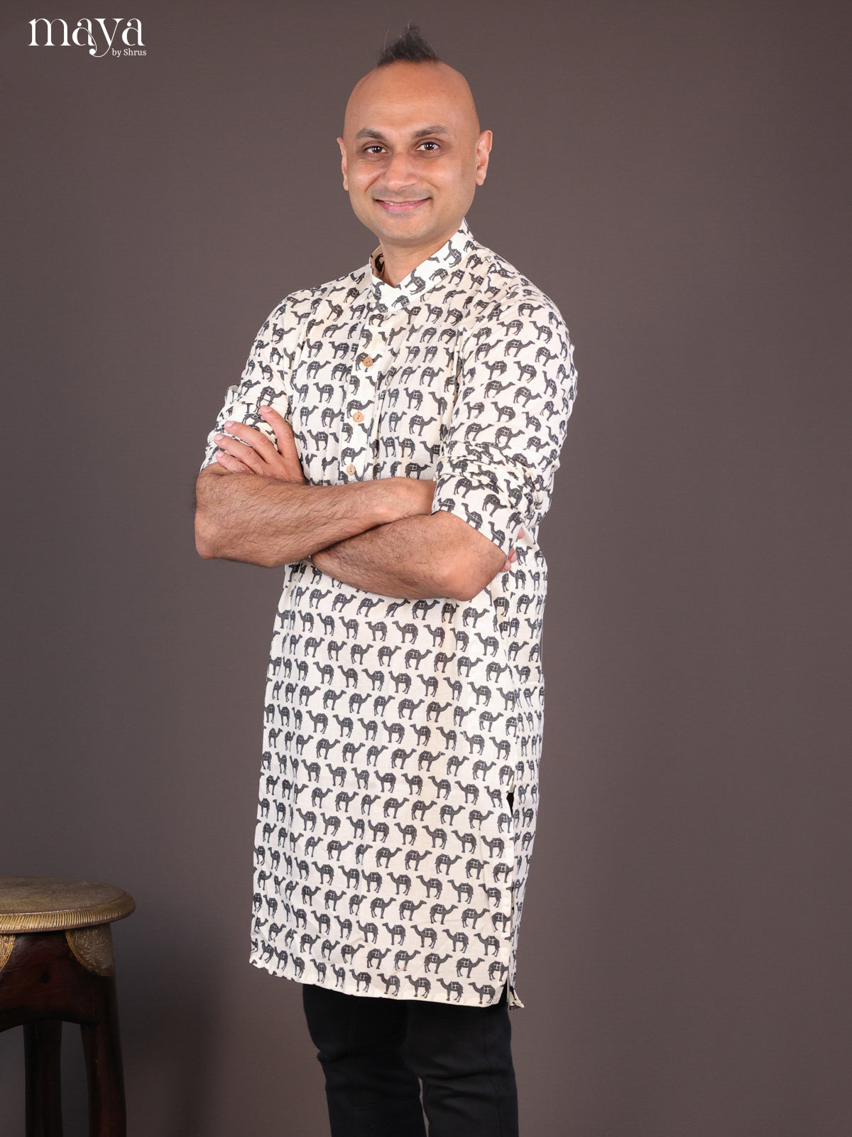Cream Cotton Camel Printed Long Men Kurta