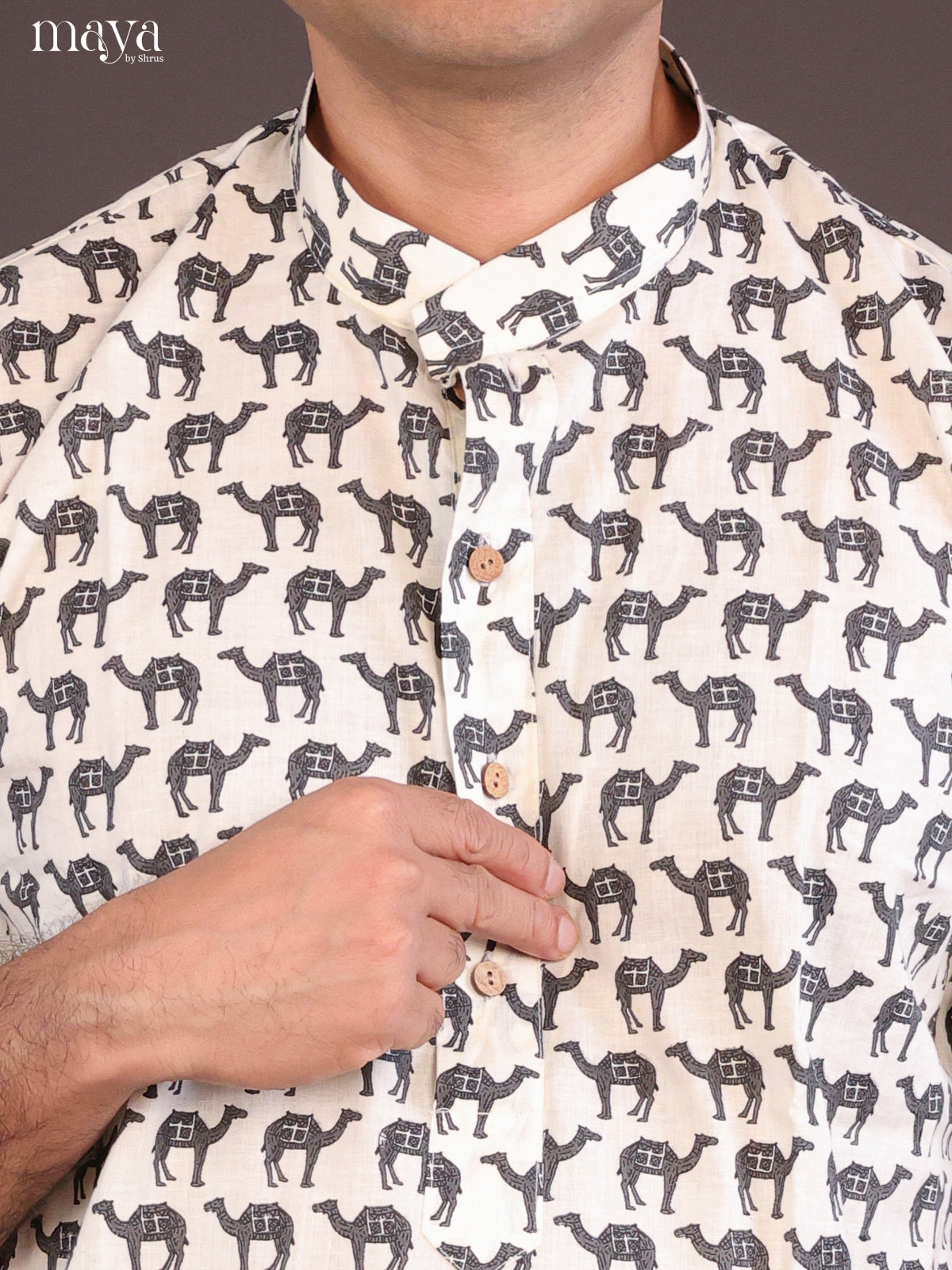 Cream Cotton Camel Printed Long Men Kurta