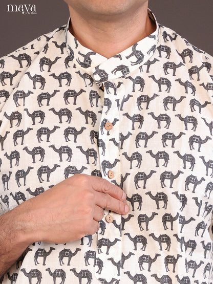 Cream Cotton Camel Printed Long Men Kurta