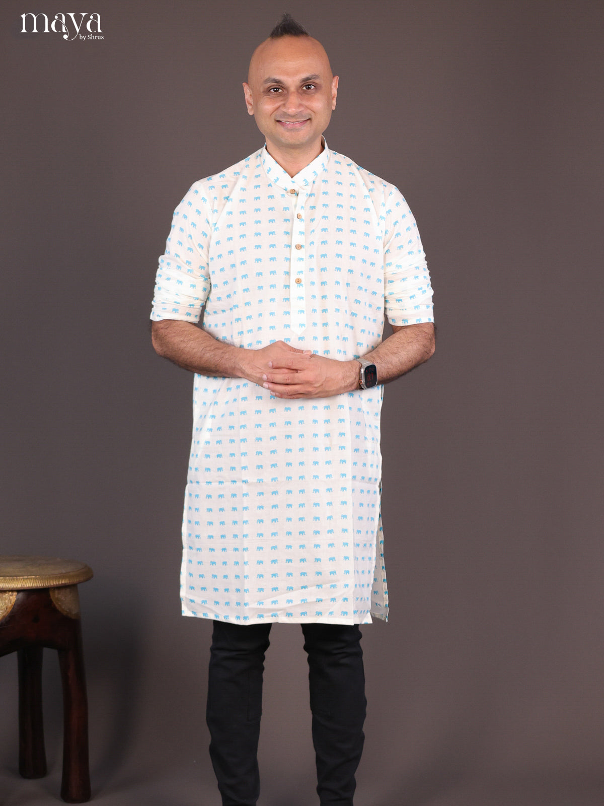 Cream Cotton Elephant Printed Long Men Kurta